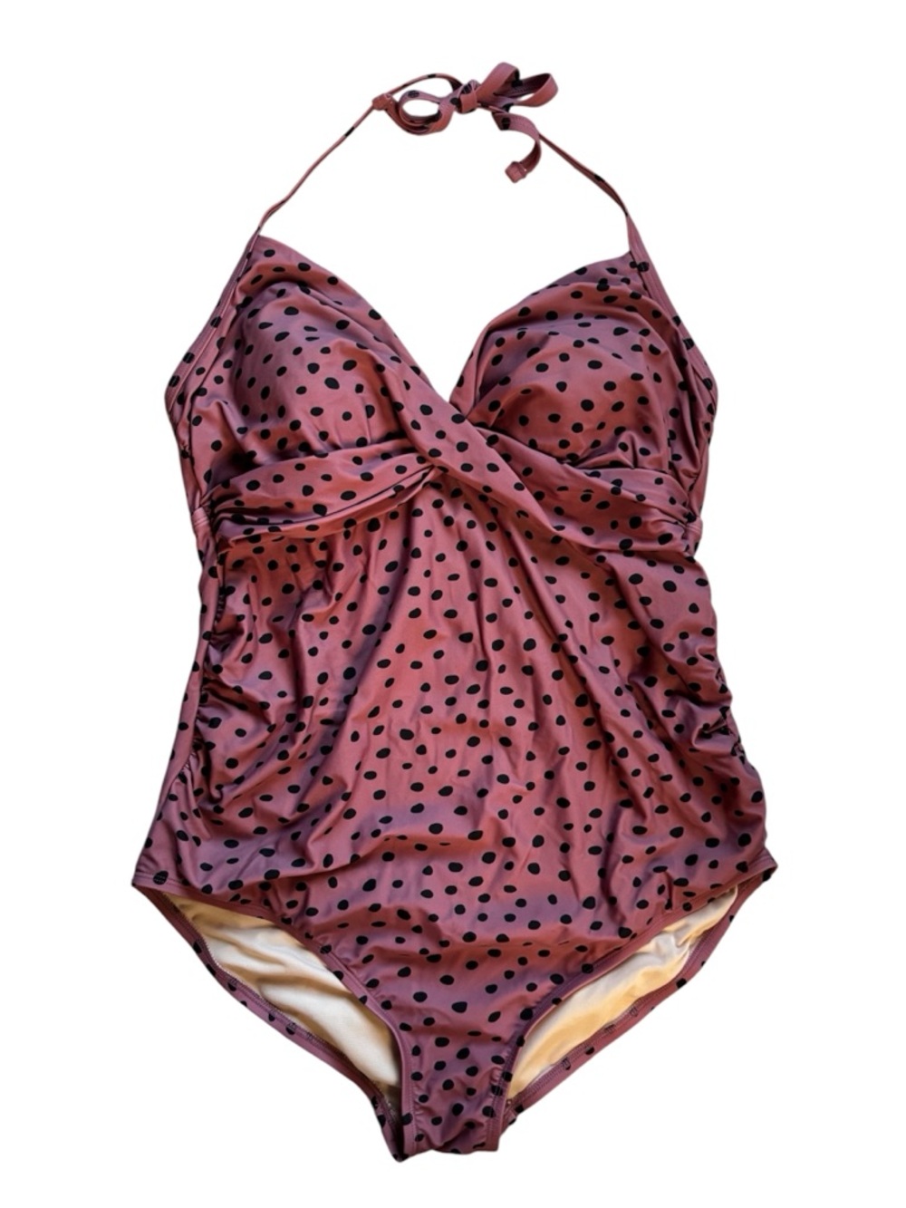 Isabel Maternity 1 Piece Swimsuit L Rose Pink Black Polka Dots Ruched 50s Retro